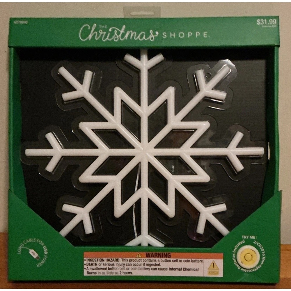 The Christmas Shoppe LED Neon‎ Snowflake Wall Light, 14" USB & Batteries, NIB